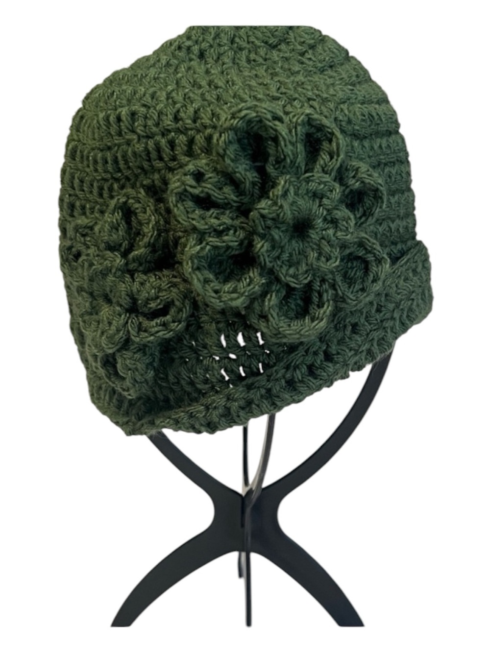 NWT Angelaβs Designs Hand Crocheted 2 Flower Beanie Hat Olive Green